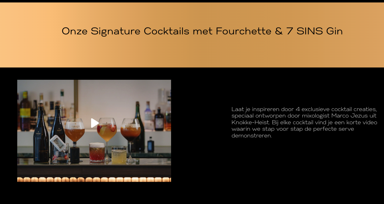 Cocktailbar met glazen vol amber en oranje drank, flessen op achtergrond, tekst over signature cocktails met FOURCHETTE beer en 7SINs Gin
